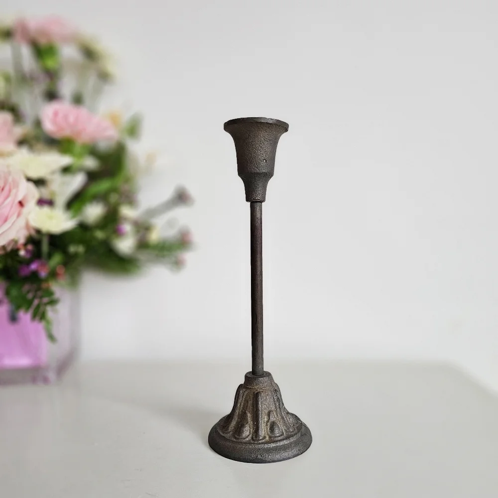 Antique Wrought Cast Iron Goth Candlestick Pillar CandleHolder & Green Candle